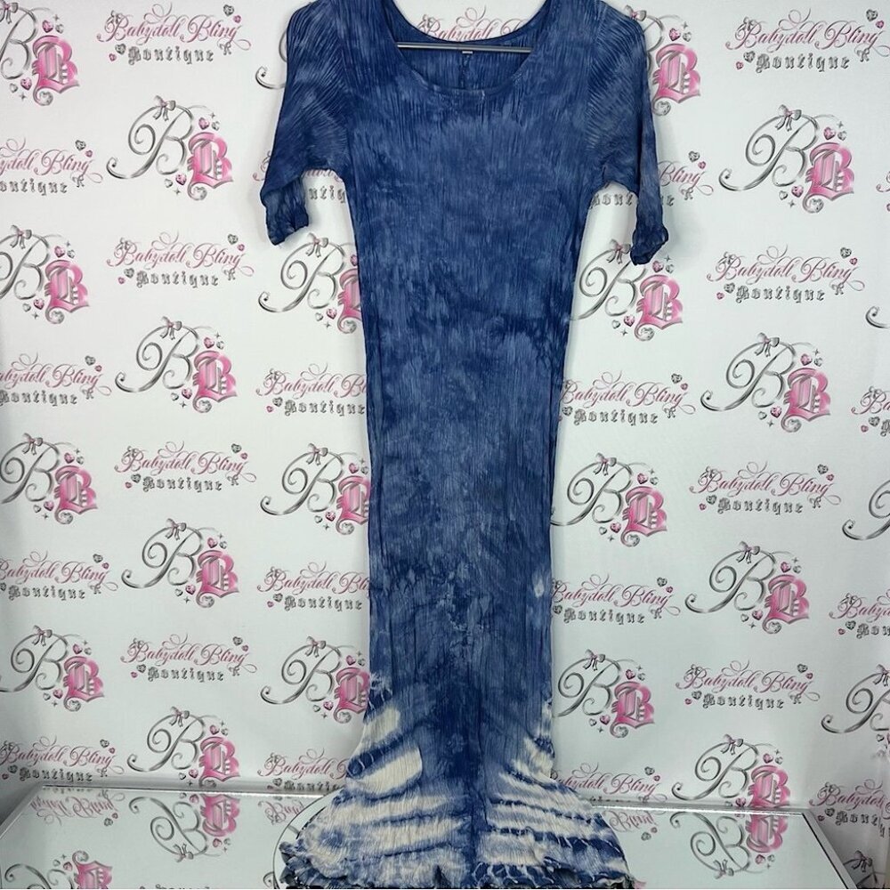 Dress tie dye long stretchy white Blue Tie-Dye Women's Dress